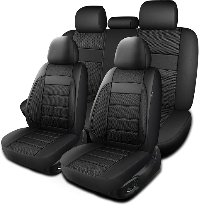 HChengkikz Car Seat Covers, Leather, 3D Foam Back Support (Black) | Air Mesh, Airbag Compatible, Universal Fit for Most Cars, Vans, Trucks, SUVs