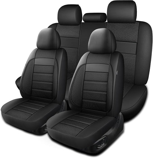 HChengkikz Car Seat Covers, Leather, 3D Foam Back Support (Black) | Air Mesh, Airbag Compatible, Universal Fit for Most Cars, Vans, Trucks, SUVs