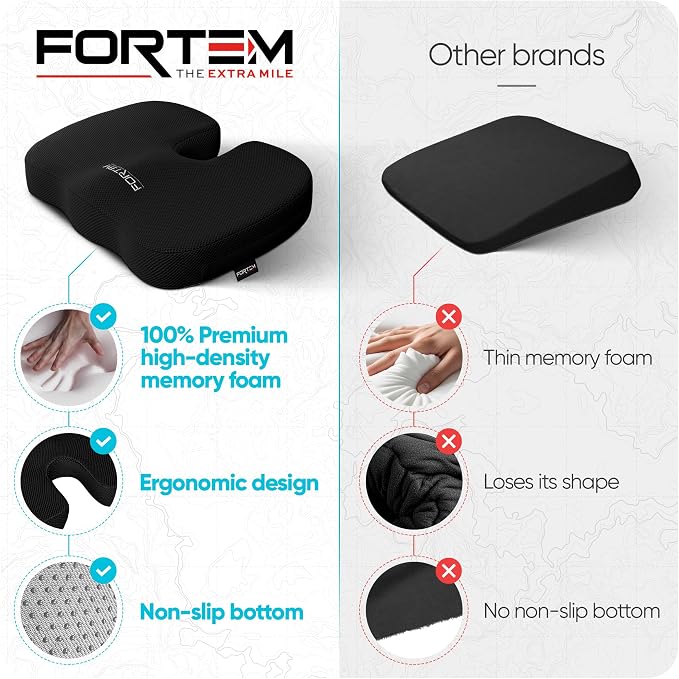 FORTEM Seat Cushion, Office Chair Cushion, Memory Foam Car Seat Cushions, Sciatica Coccyx Tailbone Pain Relief, Chair Cushions for Back Support, Sitting Pad for Gaming, Washable Cover, Non Slip, XL