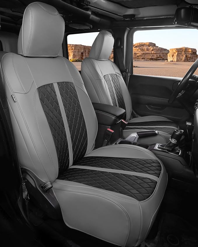 for Jeep Wrangler Seat Covers 4Door JL 2018 2019 2020 2021 2022 2023 2024 2025 2026, Custom Fit Car Seat Cover Full Set, Luxury Waterproof Leather Protectors, Gray Black, with Rear Cup Holder