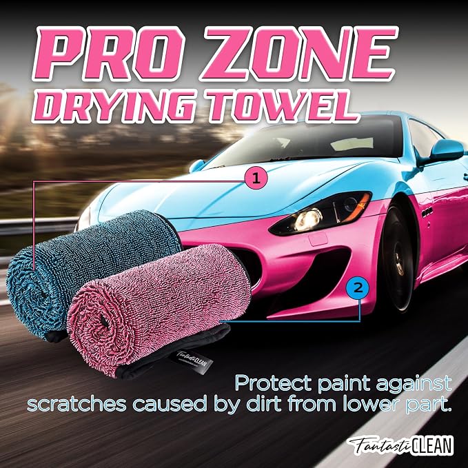 Fantasticlean Microfiber Car Drying Towels- 2 Pack, 32‘’x 24'' (Pink, Blue) | Dual-Colored Twisted Loop, Ultra Absorbent, Scratch-Free Premium Detailing Cloth for Car, RV, Motorcycles, Trucks