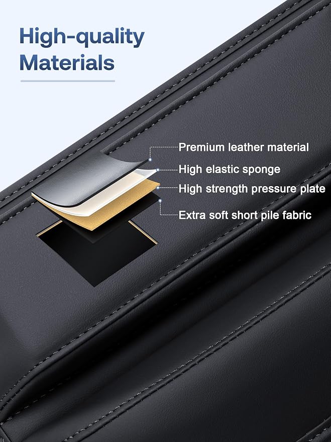 Premium Leather Car Seat Gap Filler Organizer (0.2”-1.2" Gaps), Clever Gifts for Car SUV Truck Owners (Black, 2 Pack)