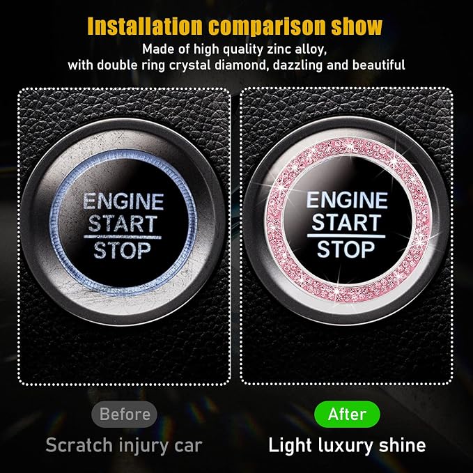 Kewucn 2 PCS Bling Crystal Double Rhinestone Car Engine Start Decoration Ring, Sparkling Push Start Button Sticker, Key Ignition & Knob Ring Decoration, Bling Car Interior Accessory(Pink)