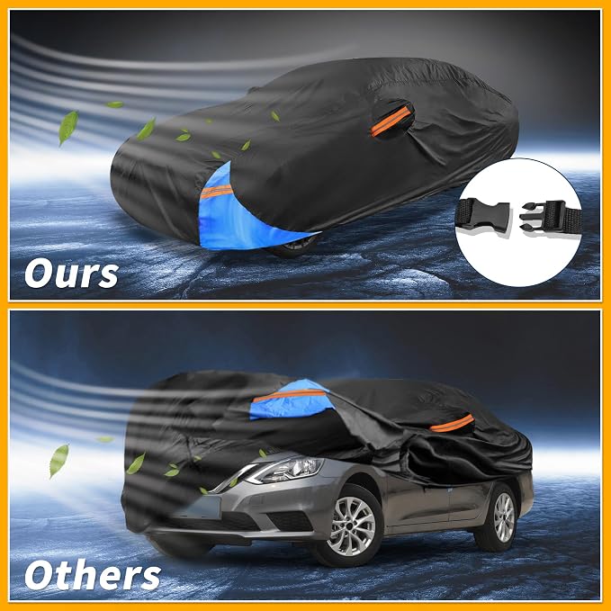 Waterproof All-Weather Universal Car Cover with Right Side Zipper, 190T Polyeste Black Blue Fits for Sedan 190" to 198" Length