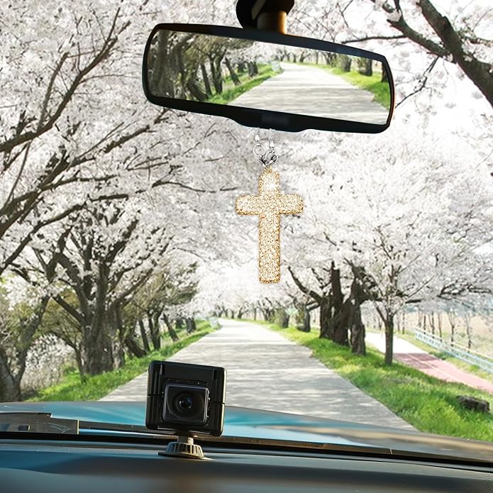 Bling Car Rear View Mirror Accessories Hanging Pendant,Cross Crystal Rhinestone For Car Mirror Hanging,Double-Sided Cross Diamond Religious,Interior Men Women Car Accessories