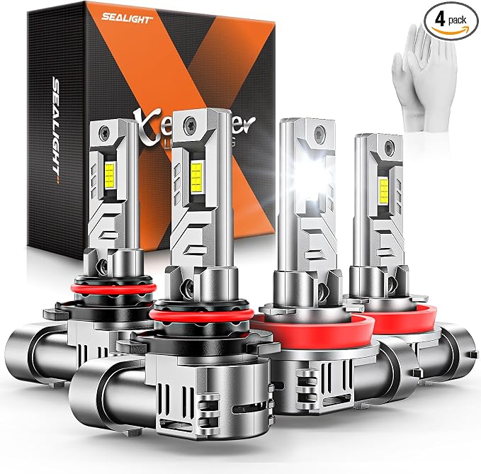 SEALIGHT 9005 H11 Bulbs,40000LM 900% Brightness HB3 H8/H9 Light Bulbs, 6500K Cool White Bulbs with 15000RPM Fan, Plug and Play ATV/UTV, 10-Year Extended Lifespan IP68 Waterproof, Pack of 4