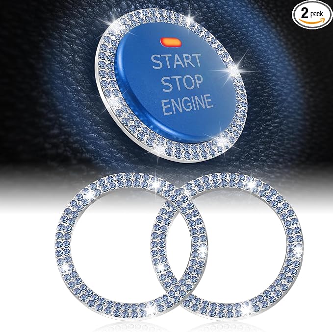 LivTee 2 PCS Crystal Double Rhinestone Car Engine Start Stop Decoration Ring, Bling Car Interior Accessories for Women, Push to Start Button Cover Sticker, Automotive Decals, Light Blue