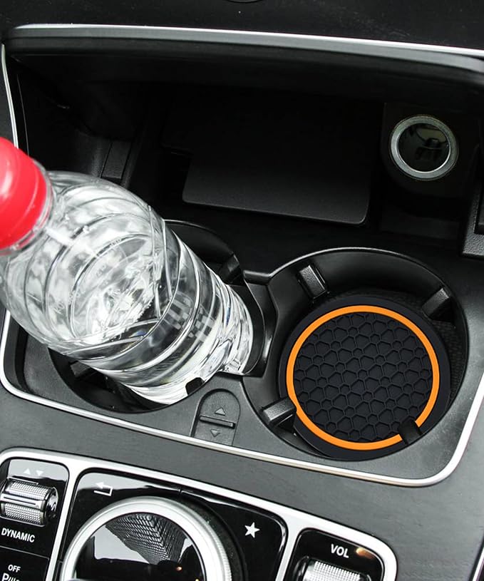 SCUARI 4PCS Car Coasters,Car Cup Coasters,Car Coasters for Cup Holders,Car Accessories Car Cup Holder Coaster,2.75 Inch No-Slip Anti Dust mats Cup Holder Insert Coaster,Fits Vehicles (Black&Orange)