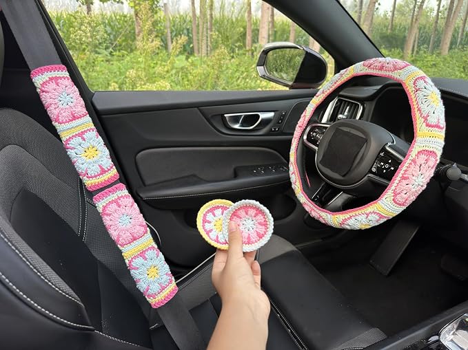 Handmade Crochet Pink Fower Granny Square Car Steering Wheel Covers Universal 14-15 inch for Women and Men (Steer Wheel Cover+ 2 Belt Cover+2 Coaster)