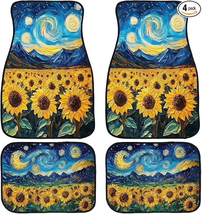 Sunflowers Car Floor Mats Set of 4 Starry Night Sky Blue Star Automotive Foot Mats Rugs Carpet for Car Non-Slip Auto Car Accessories Universal Fit for Car SUV Truck Van