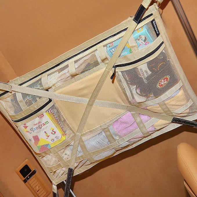 Car Ceiling Cargo Net with 2 Pockets,31.5"x21.6" Overhead Storage Mesh Organizer for SUV and Mini Van,Double Car Net for Road Trip Essentials,Camping Gear,Vehicle Roof Storage,Beige