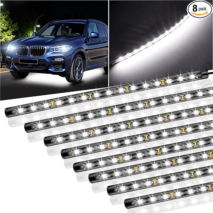 Car Led Light Strip IP67 Waterproof Flexible 11inch 8Pcs - White | 12V Footwell & Underglow Lights, Interior & Exterior Decoration, Fits SUVs, Trucks, Motorcycles, Boats, Golf Carts