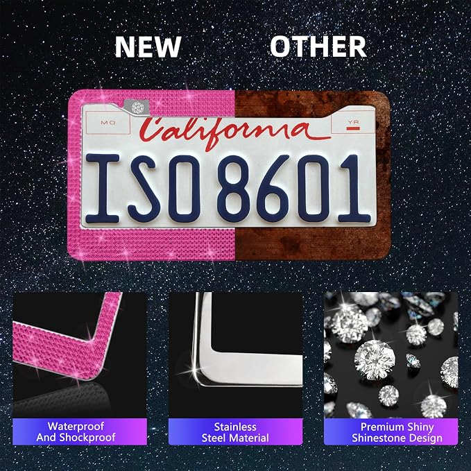 25PCS Bling Car Accessories Set,15 Inch Steering Wheel Cover,Shiny License Plate Frame,Center Console Cover and Rearview Mirror Set and Other Car Accessories(Rose Pink)