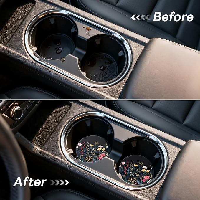 Car Cup Holder Ceramic Coasters 2 Pack, 2.56 in Anti Slip Absorbent Coaster with Cork Base and Finger Notch, Funny Cute Car Accessories Interior for Women, Wildflower