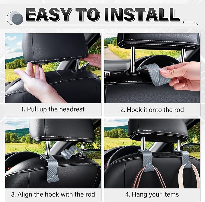 SINGARO Universal 2 Pack Car Seat Headrest Purse Hook, Carbon Fiber Back Seat Hook Storage Organizer Hanger for Purse Handbag Coat, Car Interior Accessories(Gray)