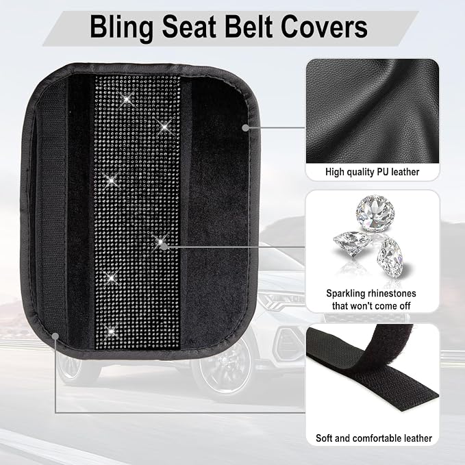 ecocstm 2 PCS Bling Car Seat Belt Shoulder Pads, Bling Seat Belt Covers with Bling Rhinestones, Car Accessories Seatbelt Strap Pad with Crystal Diamond for Car, Truck, SUV (Black Diamond)