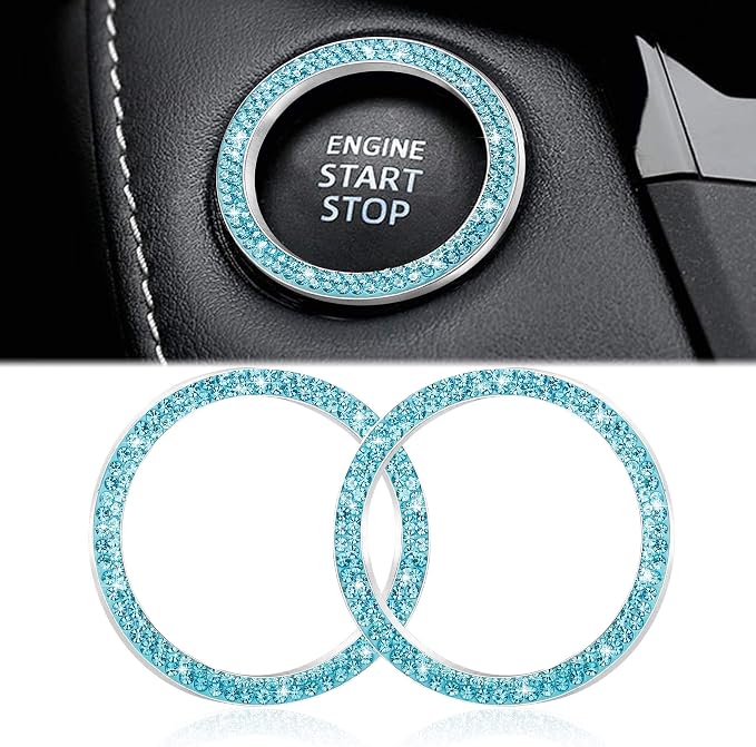 WINKA 2pcs Bling Car Engine Start Button Cover Diamond Crystal Push Start Stop Button Ring Sparkly Bling Ignition Button Cover Rhinestone Keyless Ignition Ring Universal Car Accessories (Blue)