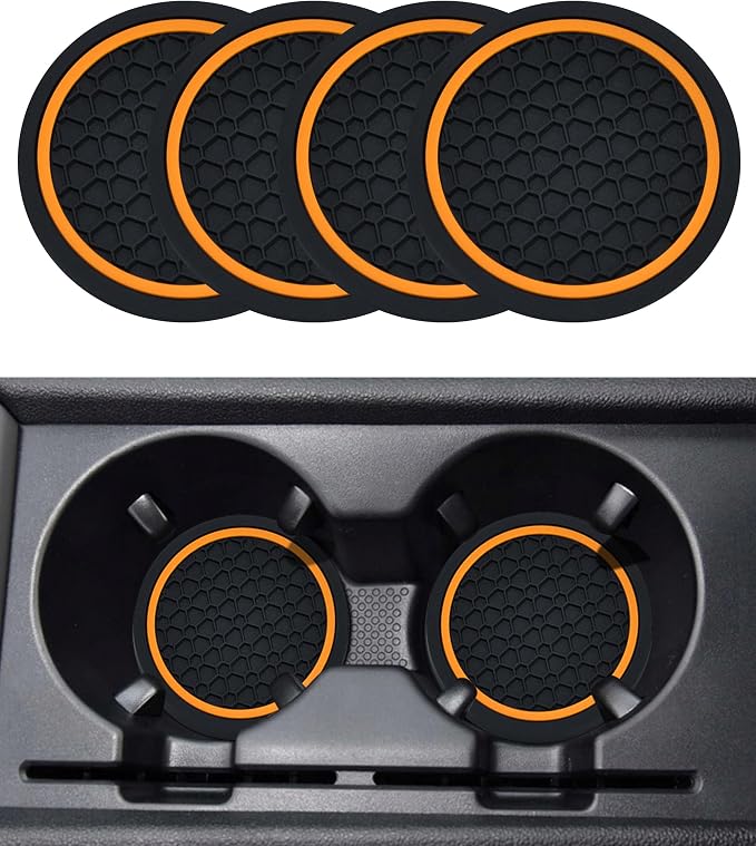 SCUARI 4PCS Car Coasters,Car Cup Coasters,Car Coasters for Cup Holders,Car Accessories Car Cup Holder Coaster,2.75 Inch No-Slip Anti Dust mats Cup Holder Insert Coaster,Fits Vehicles (Black&Orange)