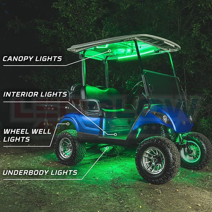 LEDGlow 12pc Million Color LED Golf Cart Underglow Kit for 12V 4-Seater | Includes Canopy, Wheel Well & Interior Tubes, Accent Neon Lights Fit EZGO Yamaha Club Car ICON, 10 Solid Colors, 16 Modes