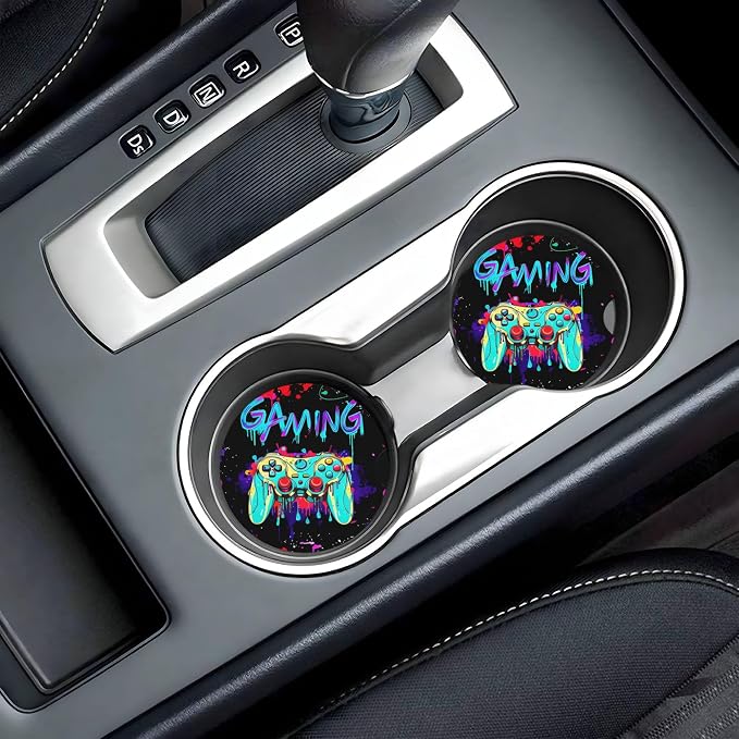 Game Car Cup Holder Coasters 2 Pack 2.63" for Women | Universal Anti Slip Ceramic Absorbent Coaster with Cork Base and Finger Notch Cute Car Accessories Interior