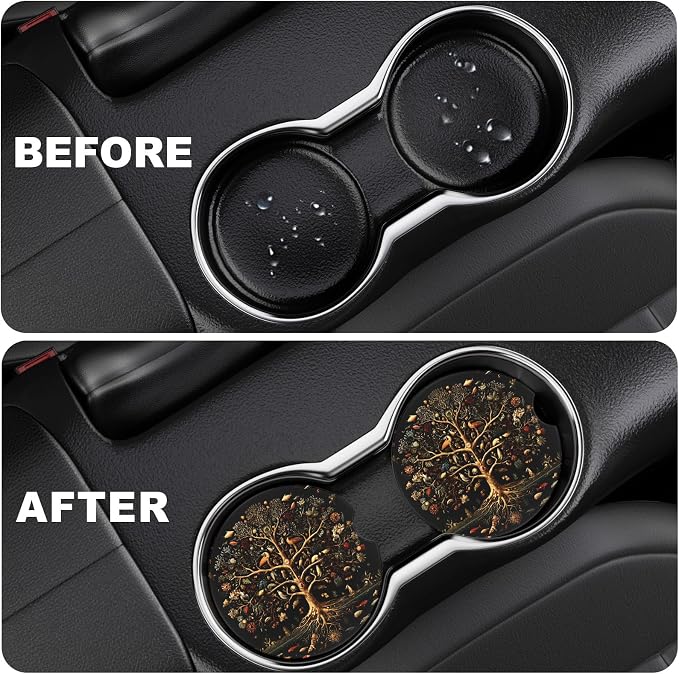 2 Pack Car Cup Holder Coaster, 2.63 inch Anti Slip Insert Absorbent Ceramic Car Coaster with Cork Base and Finger Notch, Cute Car Accessories Interior for Women, Cute Car Coasters.