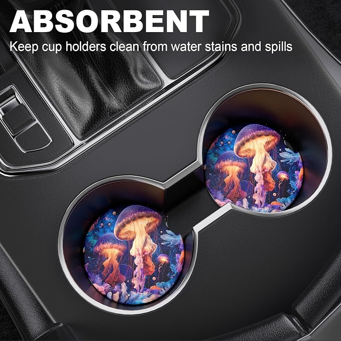 2 Pack Car Cup Holder Coaster, 2.63 inch Anti Slip Insert Absorbent Ceramic Car Coaster with Cork Base and Finger Notch, Cute Car Accessories Interior for Women, Cute Car Coasters.