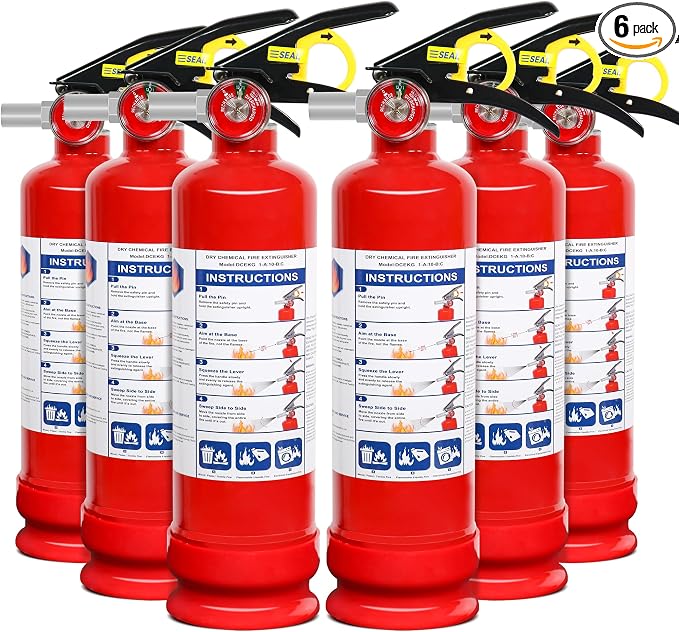 6 Pack ABC Dry Chemical Fire Extinguishers with Mount, 2.5 lb 1A:10B:C Rating for Home, Vehicle, Boat, Quick Release Handle, Compact & Portable Dry Powder Extinguisher