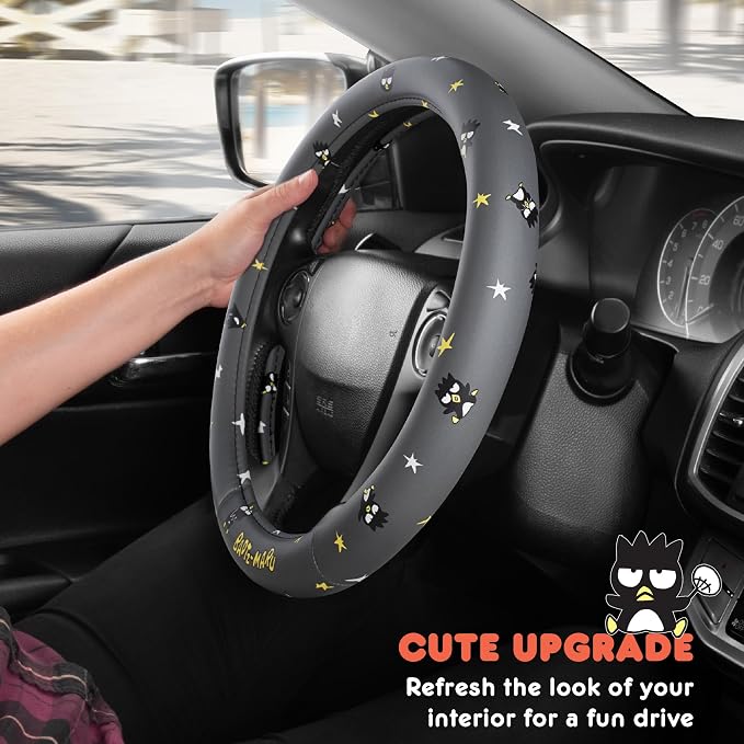 Sanrio Badtz-Maru Steering Wheel Cover for Car, SUV, Truck - Charcoal | Universal Fit Cute Car Accessories for Women, Official Licensed Car Decor, Fits 14.5"-15" Wheels, Soft Grip Cover Protector