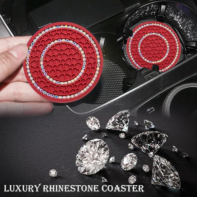 4PCS Bling Crystal Rhinestone Cup Holder Coaster, 2.75 inch Soft Silicone Anti-Slip Shockproof, Car Cup Holder Insert Coasters, Universal Car Interior Accessories for Women (Red & Colorful)