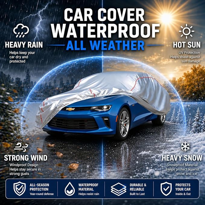 Car Cover Waterproof All Weather for Chevrolet Camaro 2010-2025,All-Around Fastening and 4 Upgrades, 120s Quick-Install for Car Cover