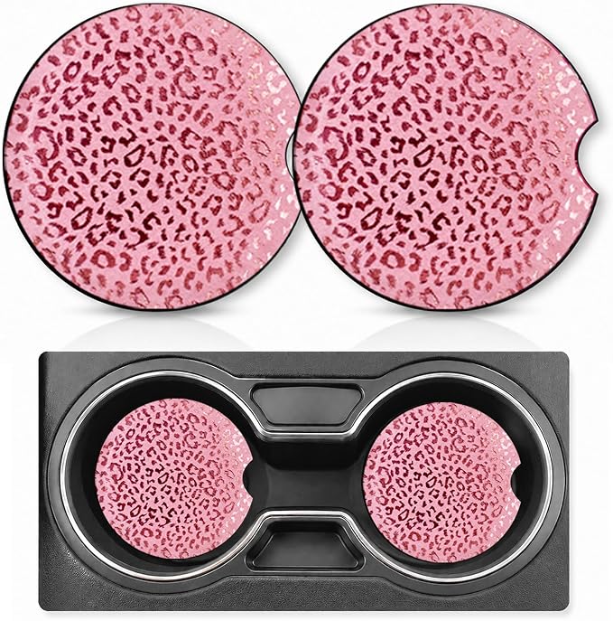 2PCS Leopard Print Car Cup Holder Coasters,Neoprene Car Coasters Universal | 2.75" Anti-Slip Rubber Mat with Finger Slot,for Vehicle SUV Truck,Cool Cars Accessories Cheetah Gifts for Women,Men