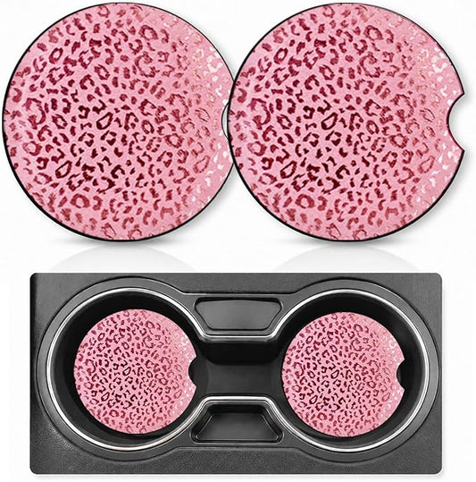 2PCS Leopard Print Car Cup Holder Coasters,Neoprene Car Coasters Universal | 2.75" Anti-Slip Rubber Mat with Finger Slot,for Vehicle SUV Truck,Cool Cars Accessories Cheetah Gifts for Women,Men