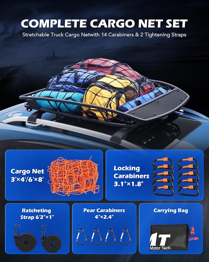 OMT 3x4ft Cargo Net Flat Webbing for Roof Rack and Truck Bed, Orange | Stretches to 6x8ft, Anti-Tangling 4x4in Design; Restraint Straps Included; Fast Setup; Ideal for SUV Roof Racks Trailer