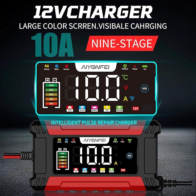 12V 10-Amp Battery Charger, 9 Stage Smart Trickle Charger Maintainer Red | Battery Desulfator, Memory Function, LED Screen, Temperature Compensation, for Car Truck Motorcycle Boat LiFePO4 Lead Acid
