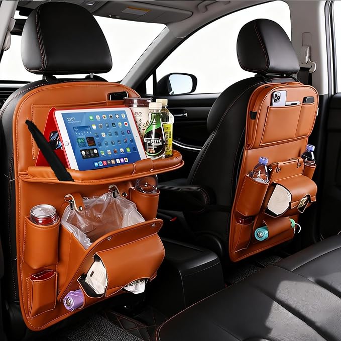 Car Seat Organizer, Multifunctional Backseat Protector Mat, Storage Bag and Tray Rack, Trash Storage (Suitable for Cars, Children, Back of Seats, and Rear Seats) (Brown, Leather 1-Piece Set)