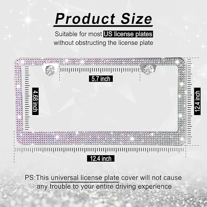 GaRhomxy Bling License Plate Frames for Women, 1 Pack Handcrafted Sparkly Rhinestone Car Accessories, Premium Stainless Steel Frame with 1000+ Faceted Glass Crystals & Free Glitter Caps (Colorful)