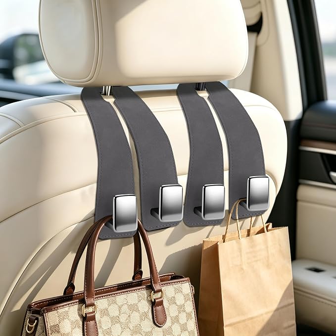 Amooca Car Headrest Hooks, Premium Suede with Metal Car Seat Back Storage Hooks for Handbag Coats Umbrella Backpack - 4 Pack, Gray