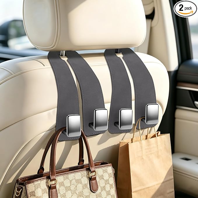 Amooca Car Headrest Hooks, Premium Suede with Metal Car Seat Back Storage Hooks for Handbag Coats Umbrella Backpack - 2 Pack, Gray