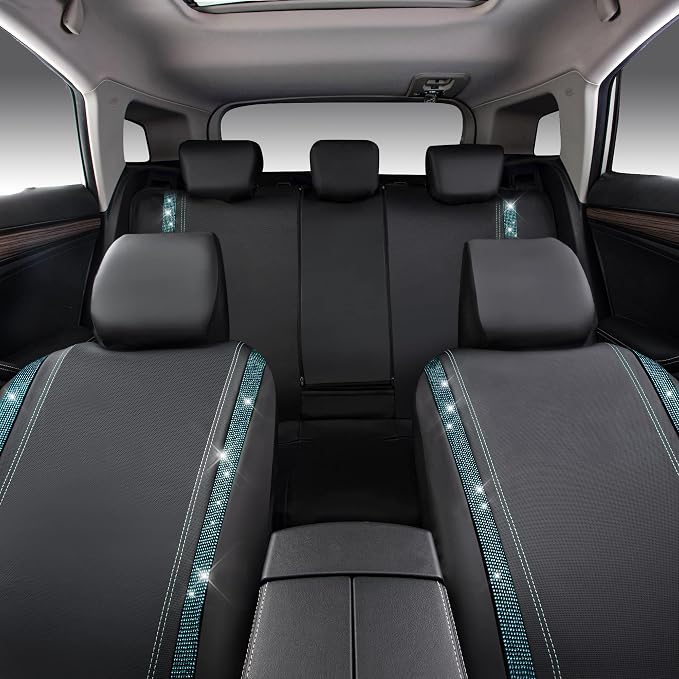 CAR PASS Bling Car Seat Covers Full Set, Shining Rhinestone Diamond Waterproof Faux Leather Universal Fit 95% Automotive Glitter Crystal Sparkle Strips for Cute Women Girl, Full Set (Mint Diamond)