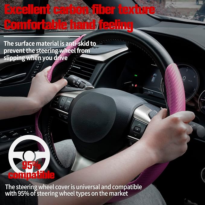 Amiss 2pcs Carbon Fiber Anti-Skid Steering Wheel Cover, Waterproof & Segmented Butterfly Design, Universal 99% Vehicle Wheel Cover Protector, Car Interior Accessories (Pink-2pcs)