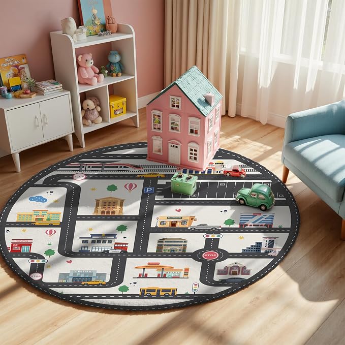 3.3ft Round Kids City Road Car Play Rug - Non-Slip Faux Wool Carpet with Interactive City Map Design, Educational Toy Vehicle Mat for Kids, Bedroom Playroom Nursery Gift.