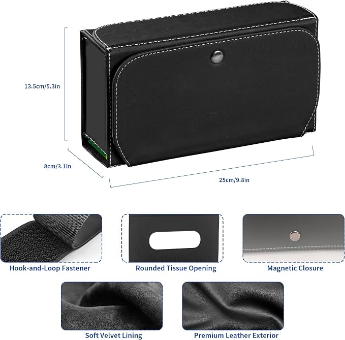 Car PU Leather Clip On Visor Tissue Holder with Mirror Storage Black | Tissues Box Cover for Sun Visors Large Rectangle Napkin Holder Fit for Various Tissue Sizes Box Organizer for SUV Sedan Truck