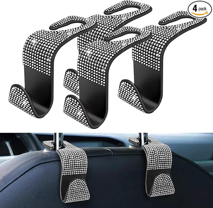 4 Pack Blink Diamond Car Seat Headrest Hooks Crystal Rhinestone Car Purse Holder Universal Interior Accessories for Handbags, Water Bottles, Coats, Umbrellas, White
