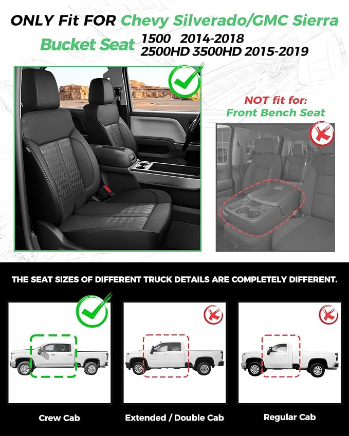 Custom Leather Seat Covers for 2014-2018 Sierra/Silverado 1500 | Only Crew Cab, Fits 2500/3500HD 2015-2020, no Rear Armrest/Seatback Storage, Waterproof, Scratch-resistant, Easy-clean