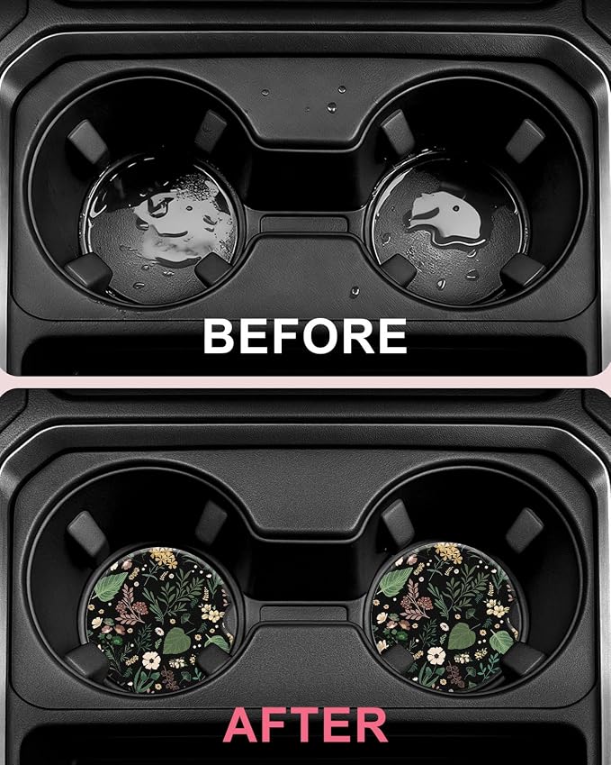 Swooflia Floral Absorbent Ceramic Car Coasters Set of 2, Cute Botanical Wildflower Cup Holder Coasters for Car, Black Green Flower Car Accessories for Women, Unique Gifts for Mom, Friends, Teachers