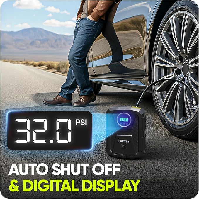 FORTEM Tire Inflator Portable Air Compressor, Air Pump for Car Tires and Bikes, Car Tire Pump w/Auto Shut Off, 150 PSI, 12V DC, LED Light, Carrying Case, Perfect For Men, Women
