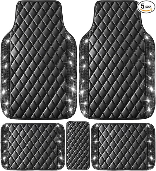 NBTEPEM Black Bling Leather Car Floor Mats Full Set, Sparkly Diamond Car Mats Universal Fit Most Automotive, Glitter Rhinestone Carpet Waterproof Anti-Slip, 5 pcs Set (Black Leather Diamond)