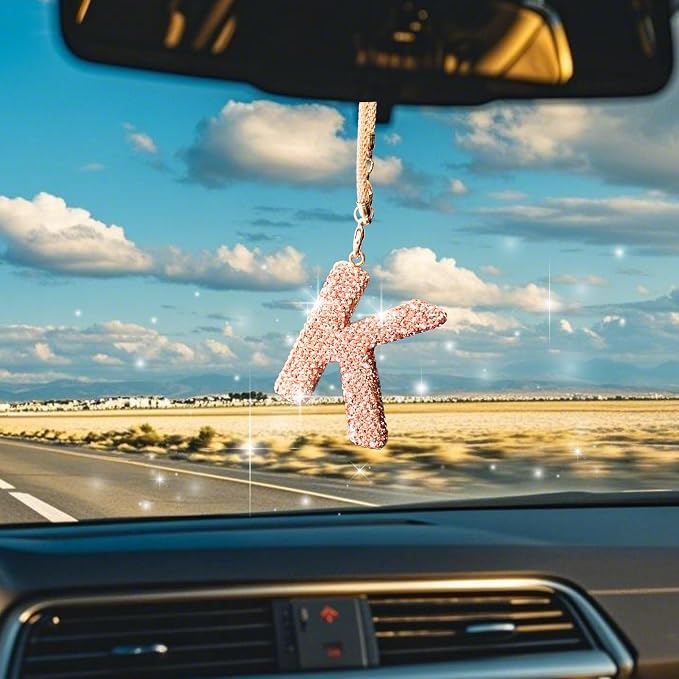 Bling Car Accessories for Women Letter Charm, Rainbow Color Rear View Mirror Cute Crystal Pendant Car Decorations, Lucky Gifts Diamond Rhinestone Charm Interior (K, Champagne Gold)