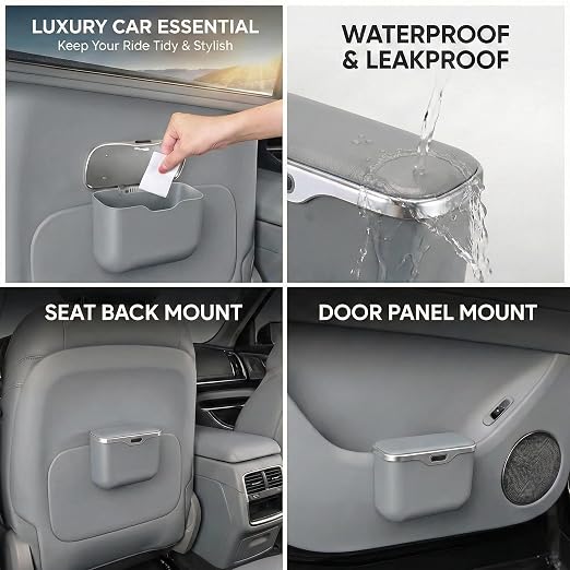 Hanging Car Trash Can, Leakproof Garbage Bin with Lid, Gary | ABS Construction, Clip-On Door/Back Seat Pocket Mount, Waterproof Liner, Push-Top Opening, For Suvs, Trucks, Sedans, Vans