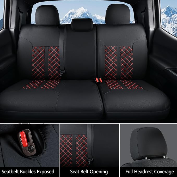 Truckiipa Toyota Tacoma Seat Covers Full Set, Waterproof Leather Seat Covers Fit for 4th Gen 2024-2026 Toyota Tacoma Double Crew Cab SR SR5 Limited TRD Sport/Off Road, Full Set, Black&Red